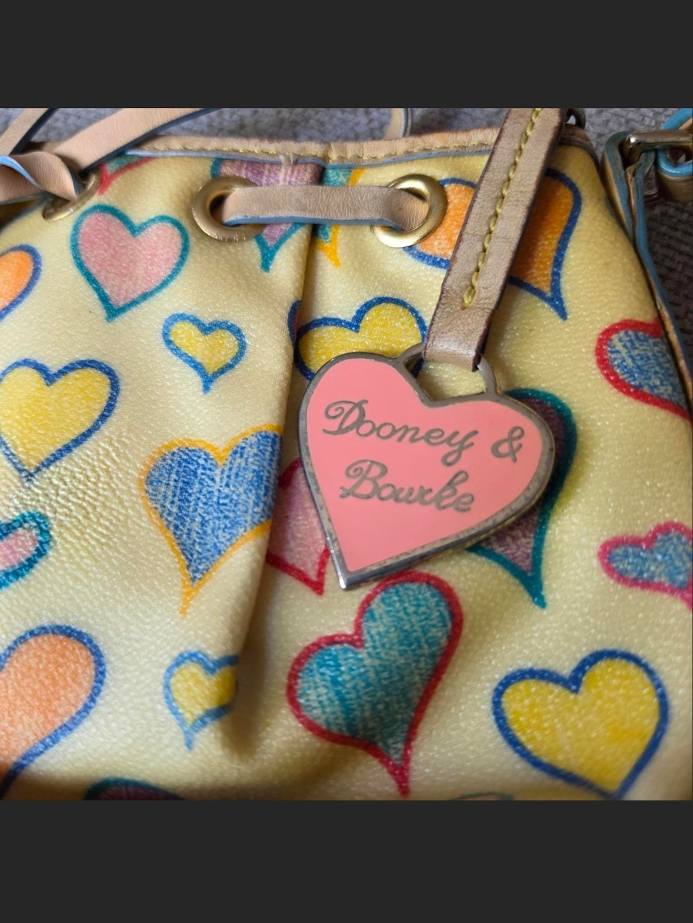 Vintage Dooney & Bourke Yellow Heart-Print Shoulder Bag with Pink Heart Charm